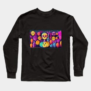 Digital Art of Skeleton Sitting on Top of Pumpkin Long Sleeve T-Shirt